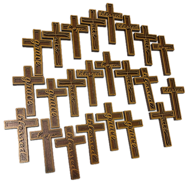 Graceful Crosses - Faithful Creations Laser Cutting Project - This design features intricately carved wooden crosses with words such as 