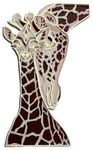 Illustrated image of two giraffes, one with its head tilted downward and the other lifting its head higher. Both giraffes feature intricate patterns resembling stained glass artwork, with shades of brown and cream. The background is transparent.Intermediate Laser Cutting Projects