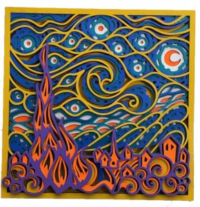 A vibrant, layered paper art piece inspired by Van Gogh's "Starry Night." The scene features swirling blue and yellow skies with a crescent moon, above a small village. Prominent purple and orange flames rise from the village, adding dynamic contrast. Challenging Laser Cutting Projects