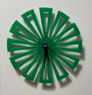 Green Burst of Time Laser Cutting Project - This striking green acrylic wall clock is a simple yet elegant addition to any space. Its radial design, reminiscent of a blooming flower, adds a pop of color and modern flair to your decor. Easy to create with a laser cutter, this project is perfect for beginners or as a quick, satisfying craft. Download the design files and follow the provided instructions to make it your own or gift it to a loved one.