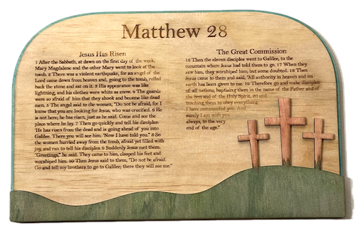 Stone Rolled Away Laser Cutting Project - Celebrate faith with this beautifully crafted wooden plaque featuring Matthew 28. Engraved with the passages 