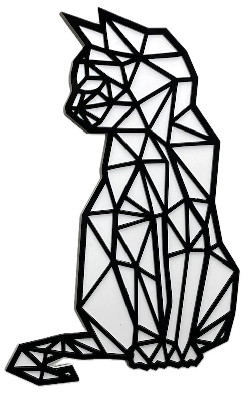 Silent Paws Laser Cutting Project - This striking geometric cat artwork features a black outlined cat in a seated pose, composed of intricate triangular patterns. The minimalist yet captivating design makes it a perfect addition to modern and contemporary spaces. Ideal for cat lovers and art enthusiasts alike, this artwork adds a touch of elegance and sophistication to any room.