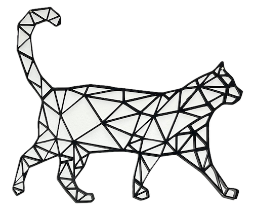 Prismatic Prowl Laser Cutting Project - Enhance your decor with this striking geometric cat artwork. Crafted with precision, this piece features a black outlined cat in a dynamic walking pose, composed of intricate triangular patterns. Perfect for modern and contemporary spaces, it adds a touch of elegance and whimsy to any room.
 