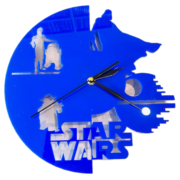 Time in a Galaxy Far, Far Away Laser Cutting Project - This Star Wars-themed clock is a must-have for any fan! Created from acrylic, this wall clock features iconic silhouettes from the beloved Star Wars universe, including the Death Star, R2-D2, Darth Vader, and Yoda. This clock is both a functional and decorative piece that brings the excitement of the movies into your home. Get ready to showcase your love for Star Wars by downloading the design files and creating your laser-cut masterpiece!