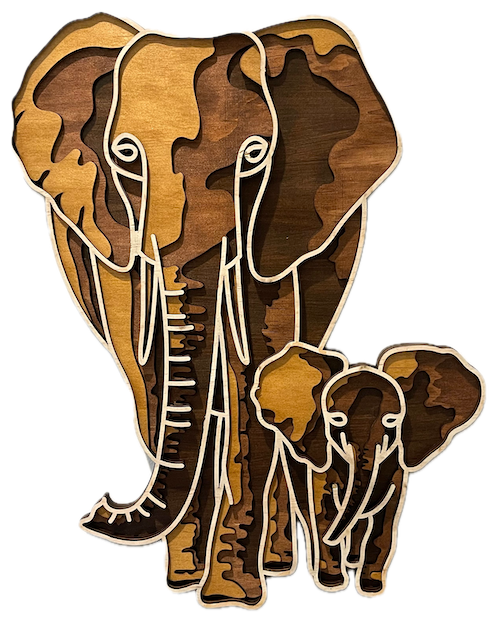 Trunk Tales - A family portrait Laser Cutting Project - This striking laser-cut design features a pair of elephants, stylised with layered wood for a warm, earthy camouflage effect. The mother and calf stand together, showcasing a harmonious blend of light and dark wood stains to create texture and depth. This piece is perfect for any wildlife enthusiast or as a unique home décor piece. Get the design files, follow the tips, and craft this stunning elephant duo for yourself or as a thoughtful gift.