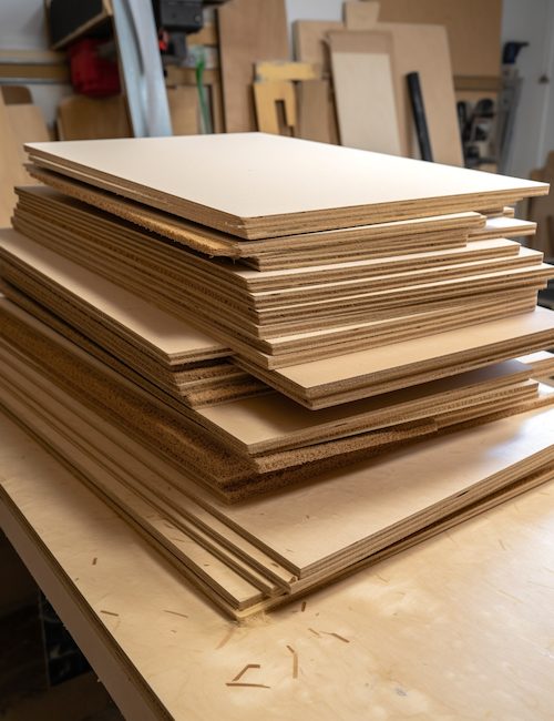 A neatly stacked pile of plywood and MDF sheets in various thicknesses is arranged on a wooden workbench. The smooth surfaces and uniform sizes suggest the materials are prepared for laser cutting or woodworking projects. The sheets are organized in a way that reflects a well-maintained, functional workshop environment, ready for creative production.