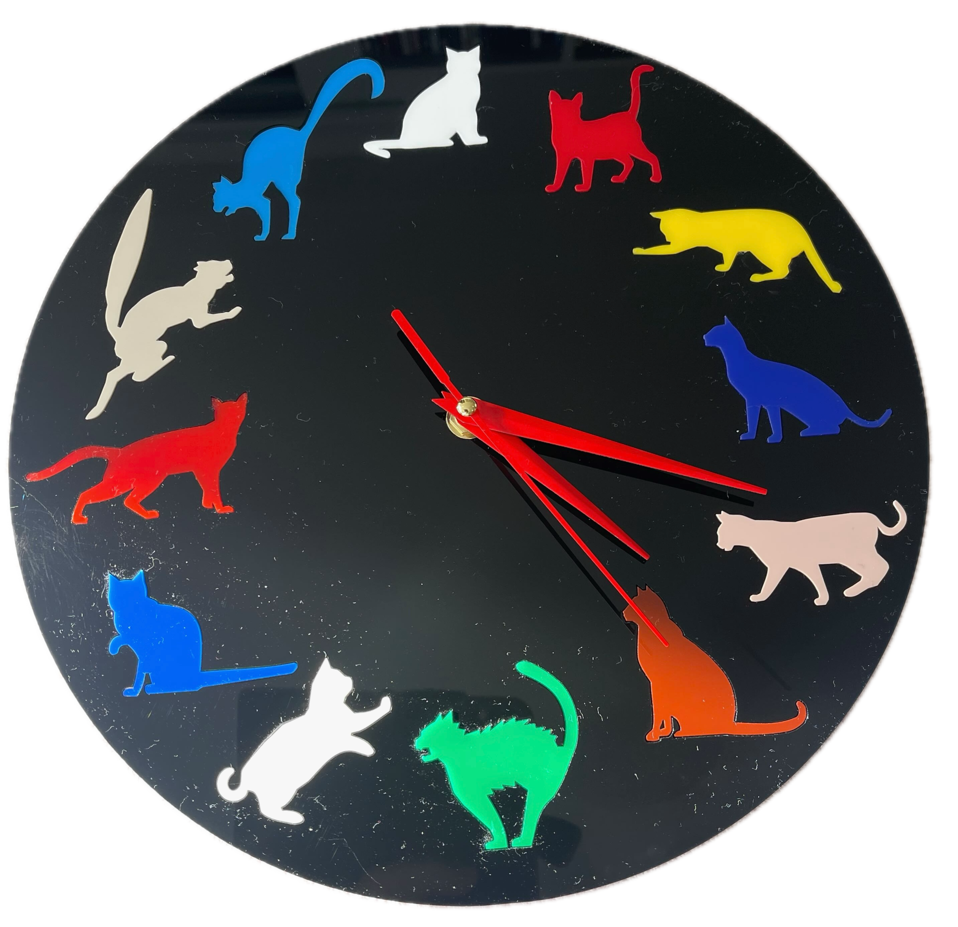 Feline Time: Purrfect Colour Cat Clock Laser Cutting Project - This vibrant cat-themed wall clock adds a playful touch to any room. The sleek black face features twelve uniquely coloured cat silhouettes, representing the hours in various poses. Perfect for cat lovers, this clock brings character, colour, and functionality to your space. The minimalist yet whimsical design suits modern interiors or any feline-friendly environment.