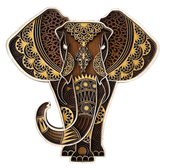 Majestic Elephant: Mandala Elegance Laser Cutting Project - This stunning laser-cut elephant wall art showcases intricate mandala-style patterns across its ears and body, combining earthy wood tones with golden accents. The detailed design adds depth and complexity, capturing the majestic presence of an elephant with a blend of traditional and modern art. Perfect as a statement piece, this layered artwork offers beauty and symbolism, making it an ideal addition to any space that embraces cultural or natural themes.