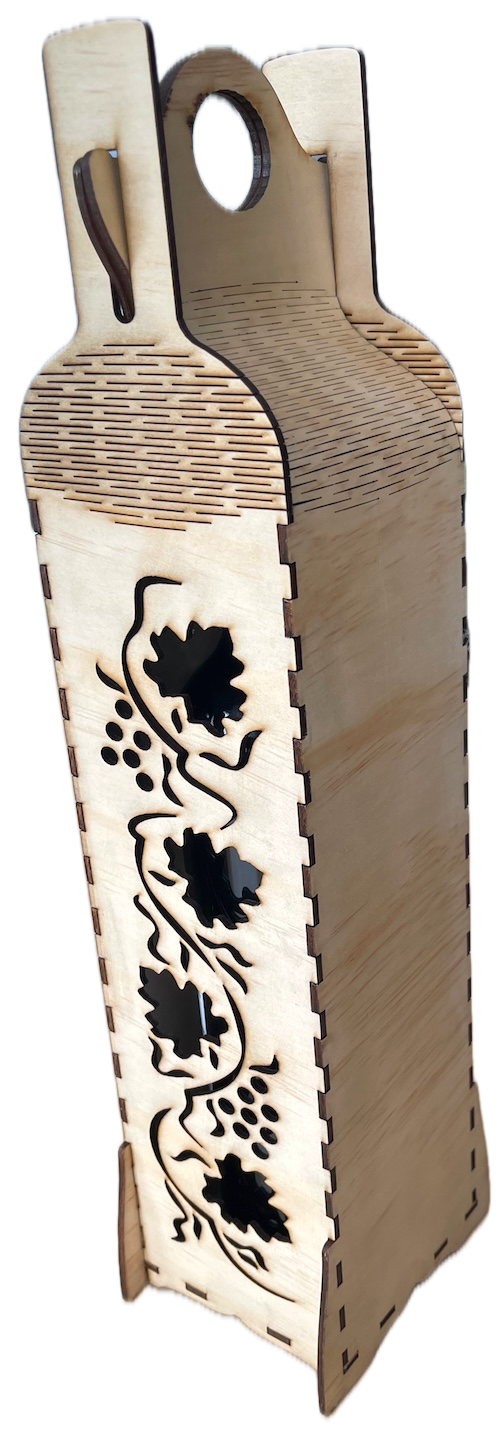 Elegance in Wood with Grapevine Flair Laser Cutting Project - This wine case is crafted from plywood, featuring intricate laser-cut grapevine patterns along its front. The open design allows glimpses of the wine bottle inside, making it functional and decorative. It has a sturdy build with interlocking sides and a handle at the top for easy carrying. Perfect for gifting, it adds a rustic charm and can be reused as a stylish way to present wine at events or celebrations.