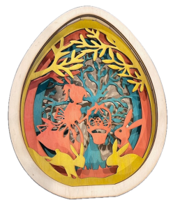 This image depicts a layered, egg-shaped wooden artwork with vibrant colors and intricate cutouts, featuring an Easter-themed scene. The design includes a central tree with branches extending outward, a basket of eggs, and playful silhouettes of rabbits around it. Each layer is painted in bright colors—yellow, orange, blue, and green—adding depth and dimension to the piece, creating a whimsical, festive decoration perfect for celebrating Easter. Laser cutting guide