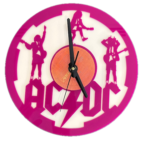 Thunderstruck Timepiece Laser Cutting Project - Unleash your inner rockstar with this AC/DC-themed laser-cut clock. Featuring vibrant magenta silhouettes of band members in iconic poses, the design incorporates the band’s bold logo and a vinyl record label as the centerpiece. This project is perfect for rock music fans and laser-cutting enthusiasts. Follow the provided link for design files and step-by-step instructions to craft this striking clock. Create it for yourself or gift it to a fellow fan for timeless rock vibes.