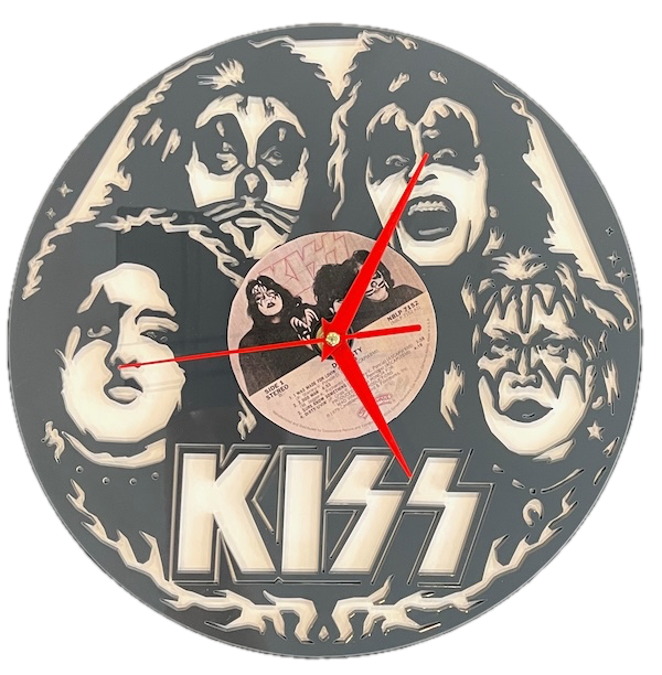 KISS Your Boring Clock Goodbye Laser Cutting Project - Celebrate your love for KISS with this bold and unique laser-cut clock. Featuring intricate cutouts of the iconic KISS band members’ faces and their unmistakable logo, this clock also incorporates an authentic vinyl record as its centerpiece. Perfect for fans of rock music, this clock is both an art piece and a functional timekeeper.