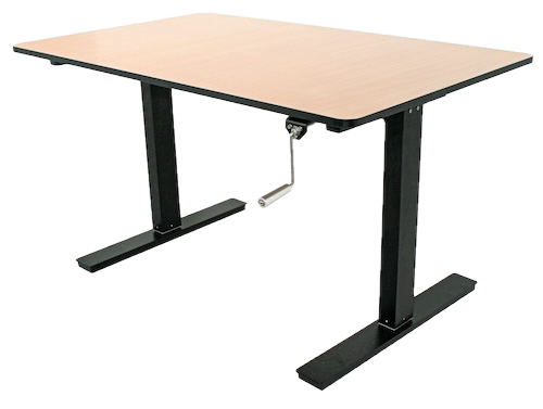 This image displays an adjustable table with a smooth, light-colored rectangular top and sturdy black metal legs. A crank handle is mounted beneath the tabletop, allowing the user to manually adjust the height of the table. This ergonomic design enables the table to be raised or lowered easily, making it suitable for tasks that require a comfortable working height. The table’s clean and minimalistic design makes it versatile for various workspaces.